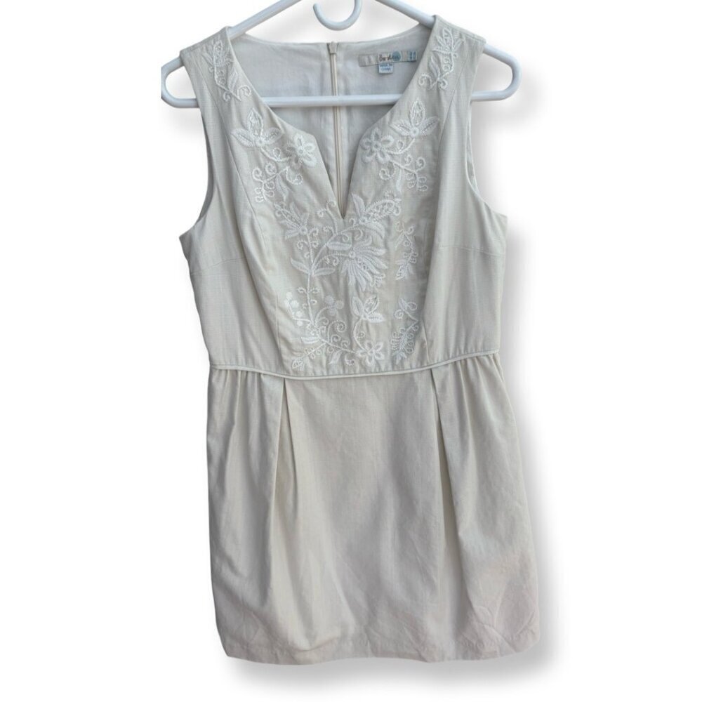 Boden Beige Ada Embroidered  Sleeveless Knee Length Dress Size 10 Long